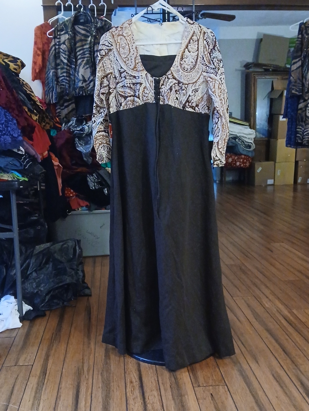 Long Brown Dress with Paisley Cream Bodice